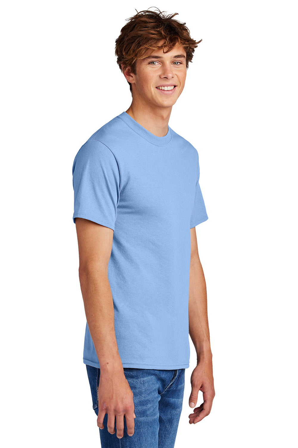 Port & Company PC55/PC55T Mens Core Short Sleeve Crewneck T-Shirt Light Blue Model Side