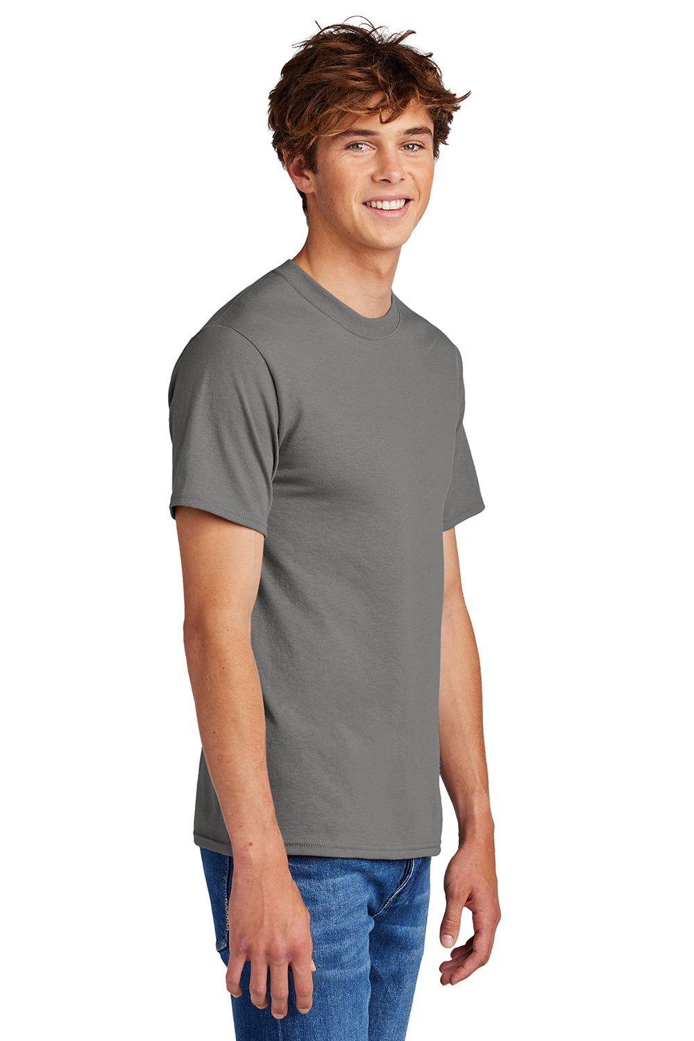 Port & Company PC55/PC55T Mens Core Short Sleeve Crewneck T-Shirt Medium Grey Model Side