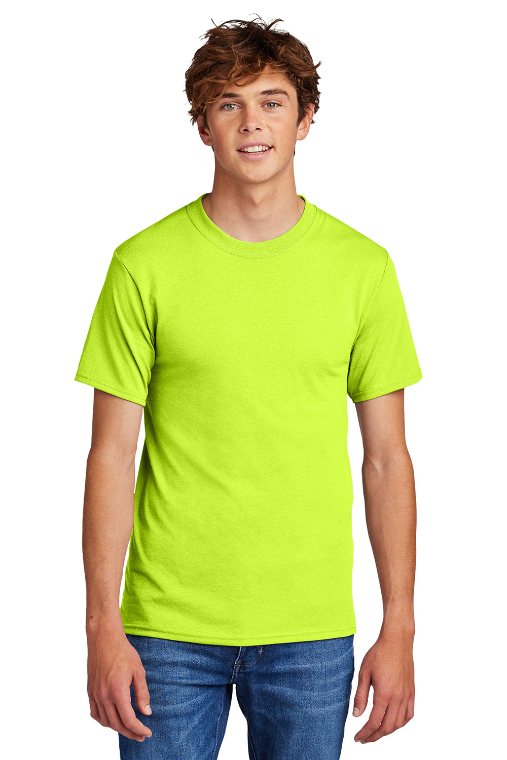 Port & Company PC55/PC55T Mens Core Short Sleeve Crewneck T-Shirt Safety Green Model Front