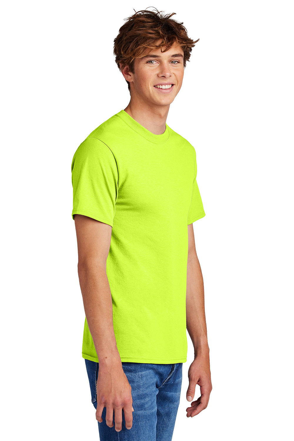 Port & Company PC55/PC55T Mens Core Short Sleeve Crewneck T-Shirt Safety Green Model Side