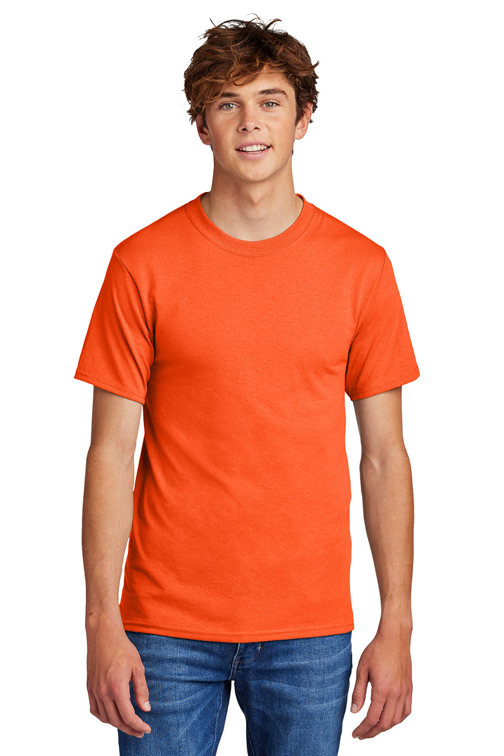 Port & Company PC55/PC55T Mens Core Short Sleeve Crewneck T-Shirt Safety Orange Model Front