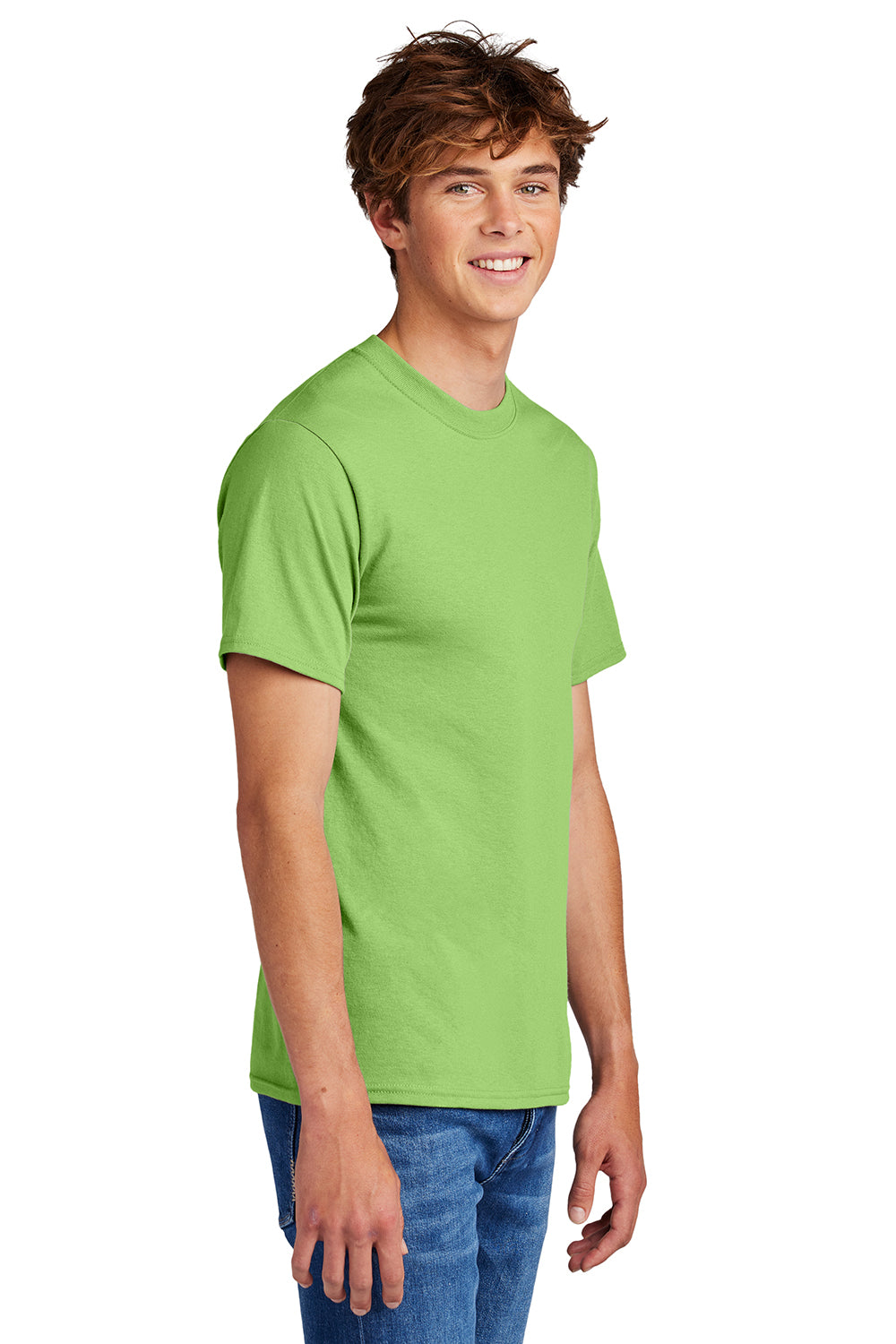 Port & Company PC55/PC55T Mens Core Short Sleeve Crewneck T-Shirt Lime Green Model Side