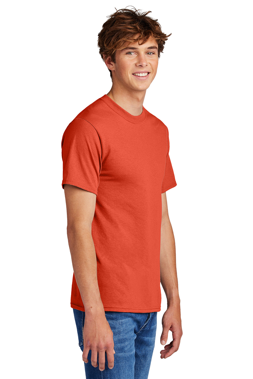 Port & Company PC55/PC55T Mens Core Short Sleeve Crewneck T-Shirt Orange Model Side