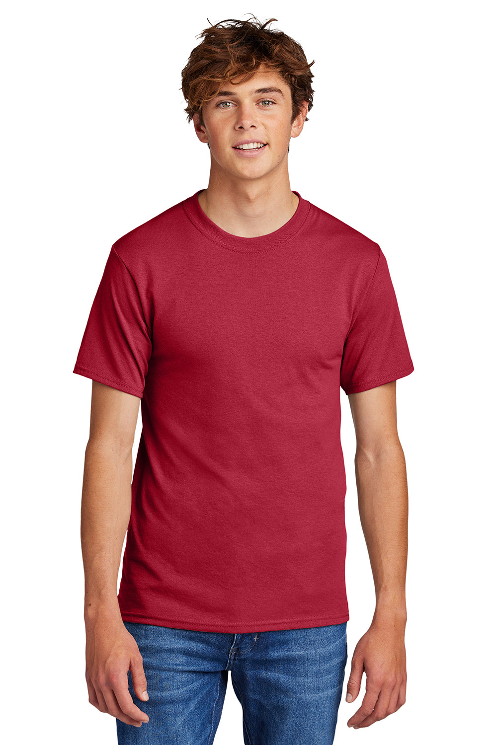 Port & Company PC55/PC55T Mens Core Short Sleeve Crewneck T-Shirt Red Model Front