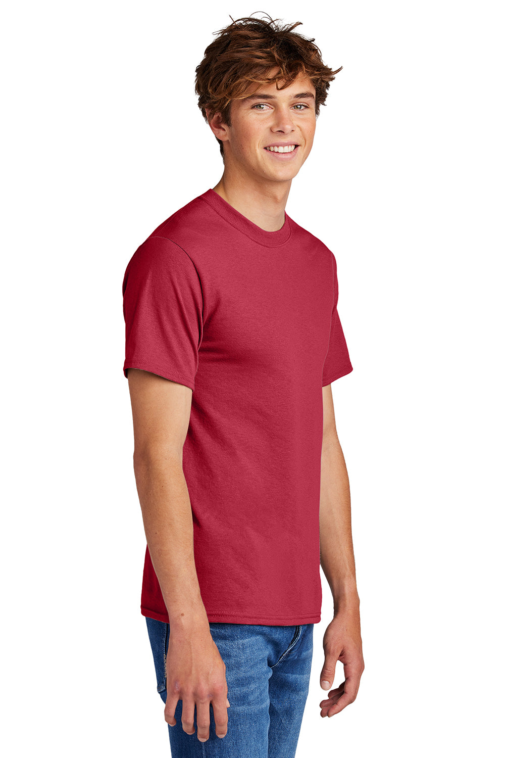 Port & Company PC55/PC55T Mens Core Short Sleeve Crewneck T-Shirt Red Model Side