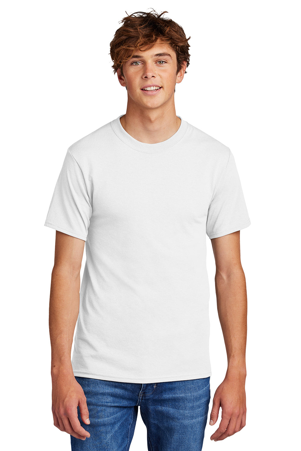 Port & Company PC55/PC55T Mens Core Short Sleeve Crewneck T-Shirt White Model Front