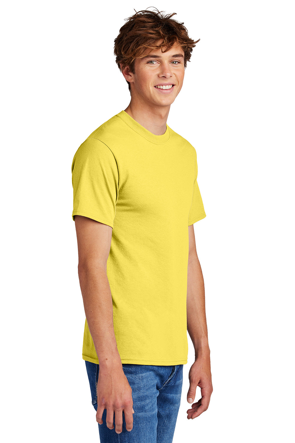 Port & Company PC55/PC55T Mens Core Short Sleeve Crewneck T-Shirt Yellow Model Side