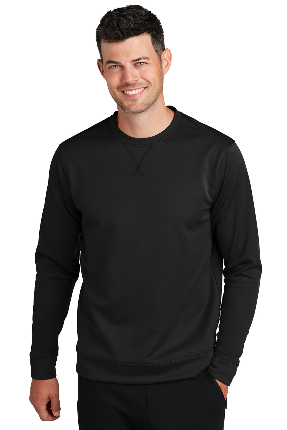 Port & Company PC590 Mens Dry Zone Performance Moisture Wicking Fleece Crewneck Sweatshirt Jet Black Model Front