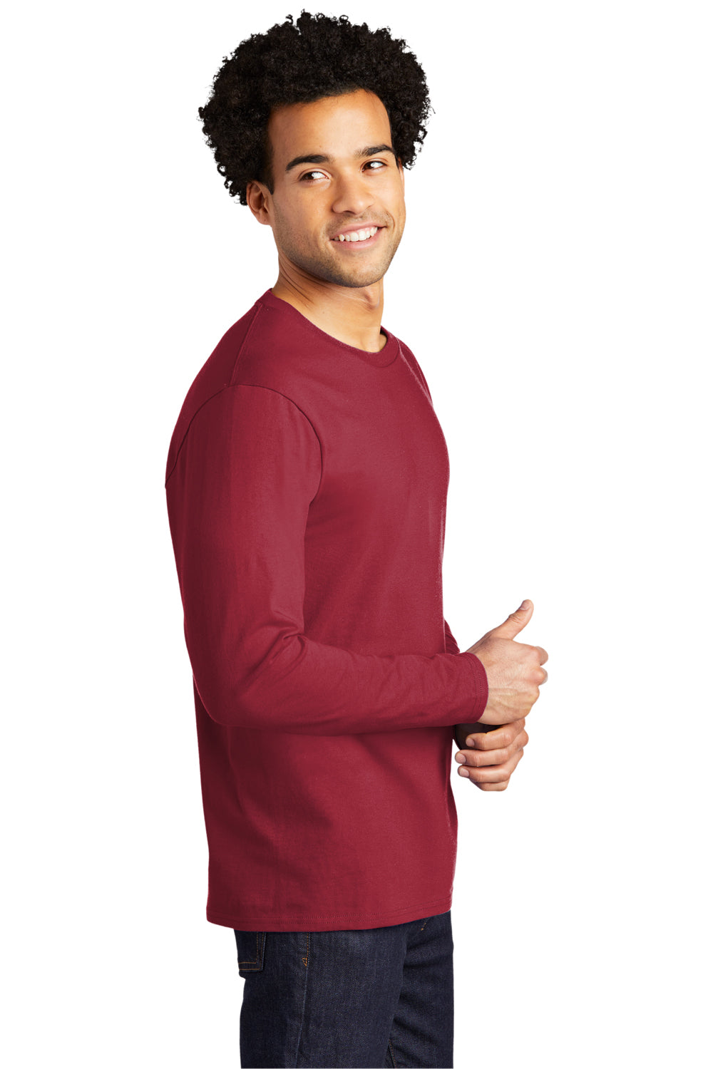 Port & Company PC600LS Mens Bouncer Long Sleeve Crewneck T-Shirt Rich Red Model Side