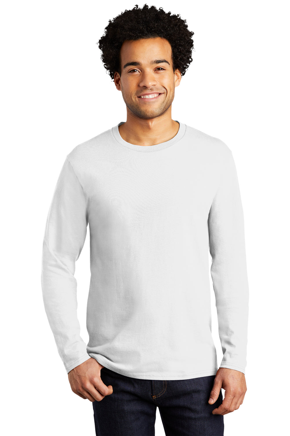 Port & Company PC600LS Mens Bouncer Long Sleeve Crewneck T-Shirt White Model Front