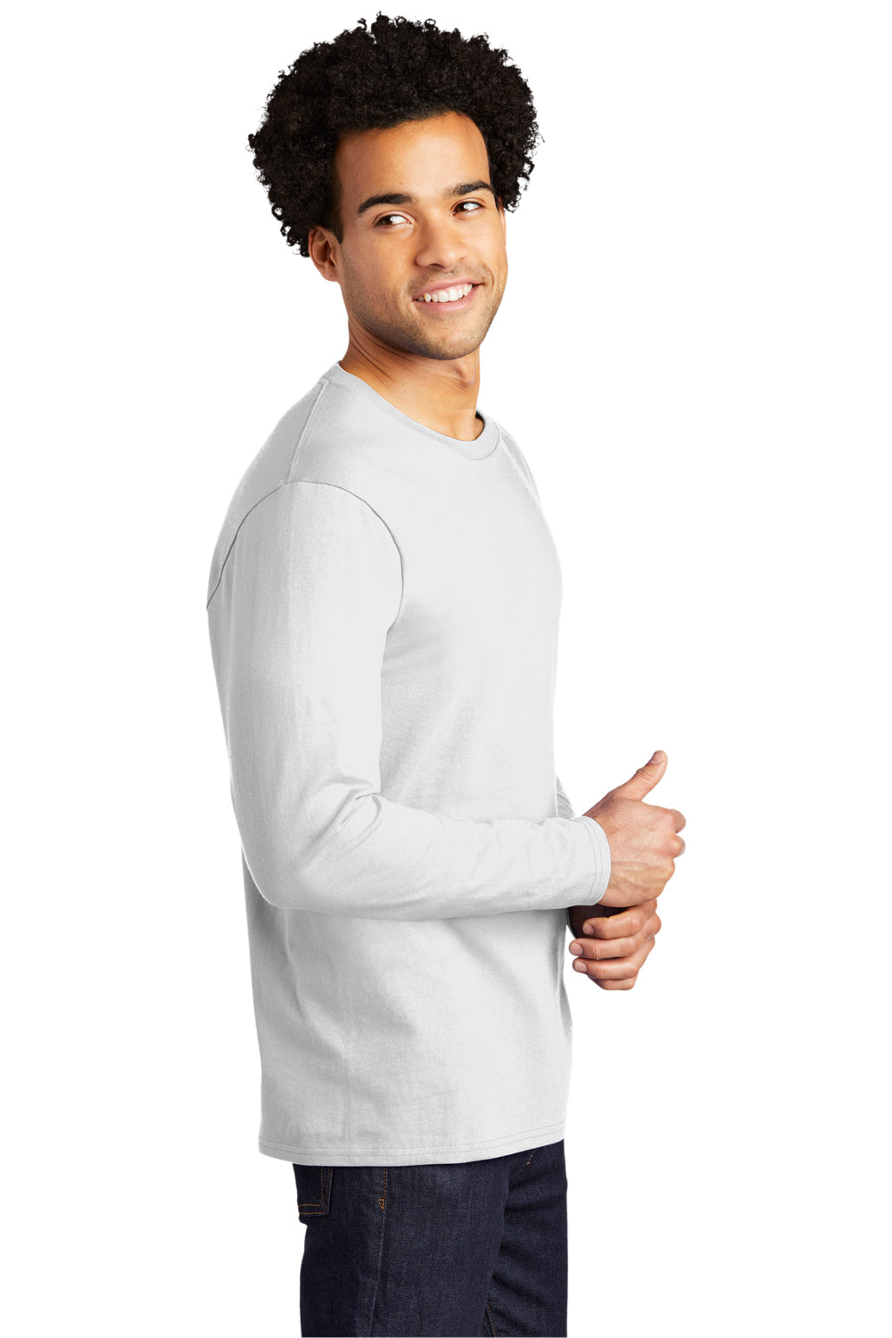 Port & Company PC600LS Mens Bouncer Long Sleeve Crewneck T-Shirt White Model Side