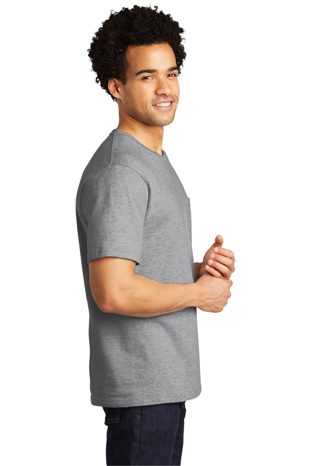 Port & Company PC600P Mens Bouncer Short Sleeve Crewneck T-Shirt w/ Pocket Heather Grey Model Side