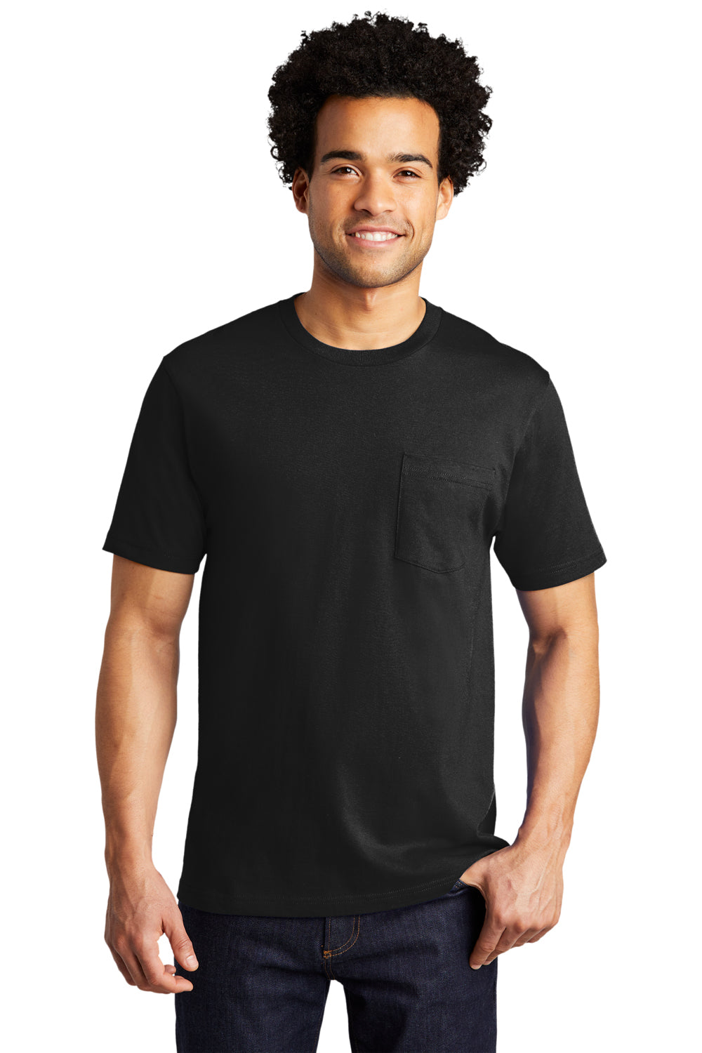 Port & Company PC600P Mens Bouncer Short Sleeve Crewneck T-Shirt w/ Pocket Deep Black Model Front