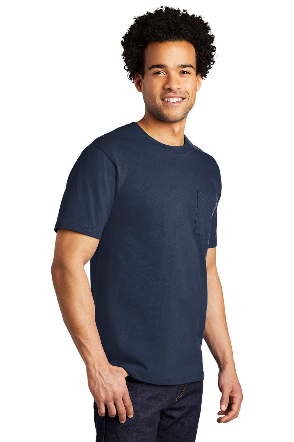 Port & Company PC600P Mens Bouncer Short Sleeve Crewneck T-Shirt w/ Pocket Navy Blue Model 3q