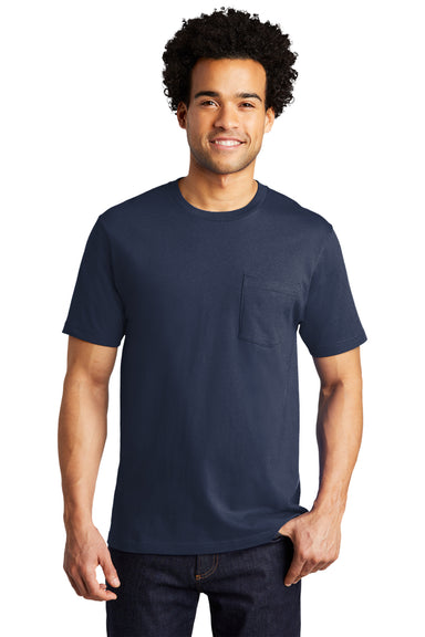 Port & Company PC600P Mens Bouncer Short Sleeve Crewneck T-Shirt w/ Pocket Navy Blue Model Front