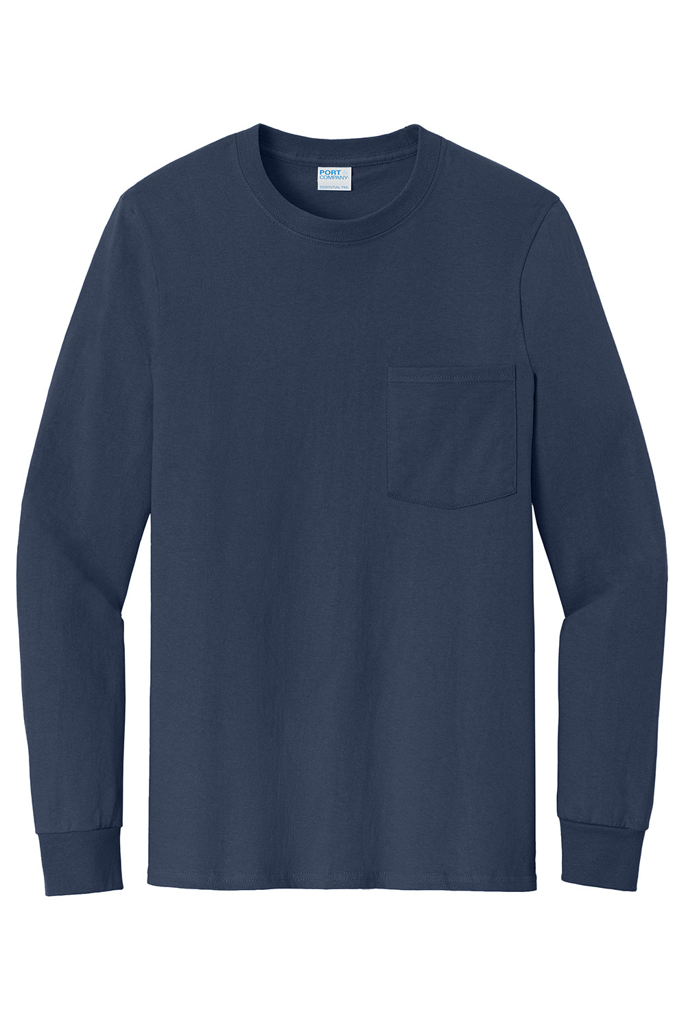 Port & Company PC61LSP/PC61LSPT Mens Essential Long Sleeve Crewneck T-Shirt w/ Pocket Navy Blue Flat Front