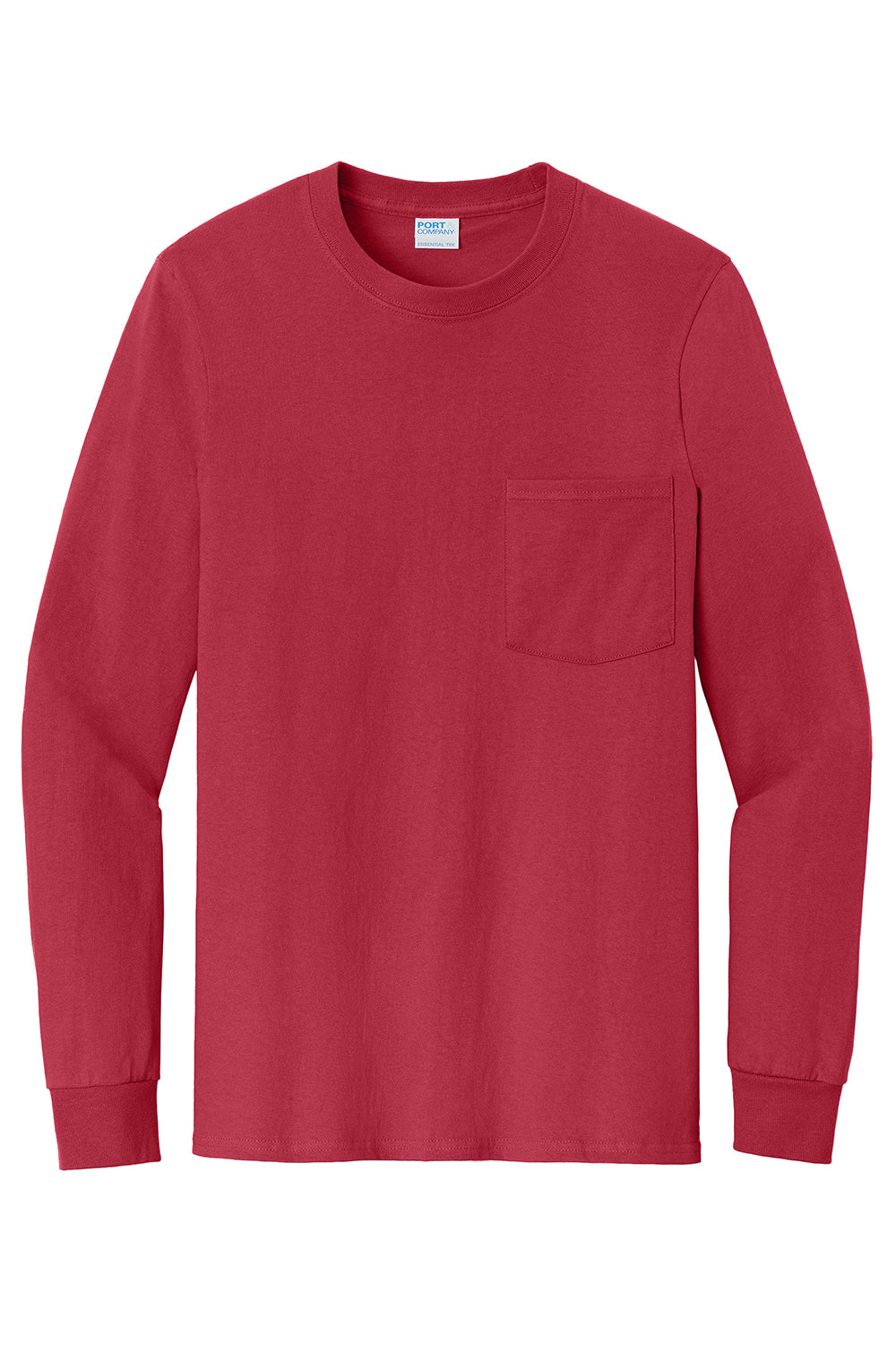 Port & Company PC61LSP/PC61LSPT Mens Essential Long Sleeve Crewneck T-Shirt w/ Pocket Red Flat Front