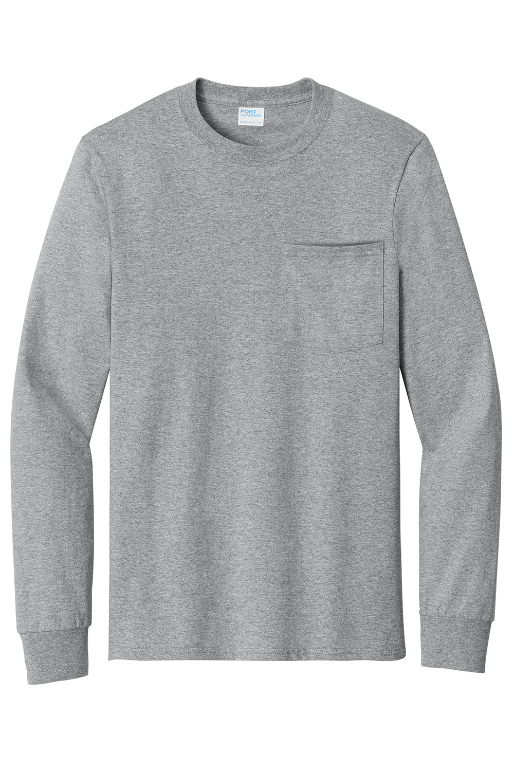 Port & Company PC61LSP/PC61LSPT Mens Essential Long Sleeve Crewneck T-Shirt w/ Pocket Heather Grey Flat Front