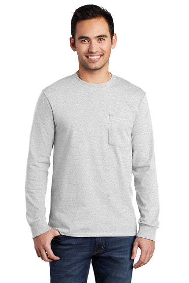 Port & Company PC61LSP/PC61LSPT Mens Essential Long Sleeve Crewneck T-Shirt w/ Pocket Ash Grey Model Front