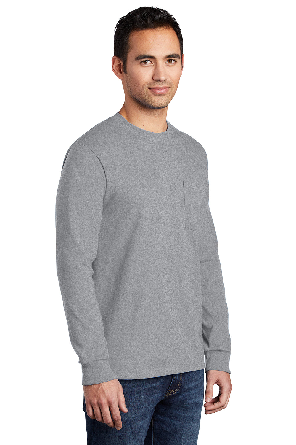 Port & Company PC61LSP/PC61LSPT Mens Essential Long Sleeve Crewneck T-Shirt w/ Pocket Heather Grey Model 3q