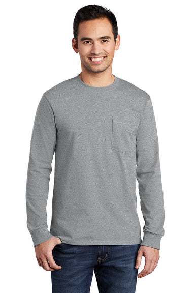 Port & Company PC61LSP/PC61LSPT Mens Essential Long Sleeve Crewneck T-Shirt w/ Pocket Heather Grey Model Front