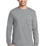 Port & Company Mens Essential Long Sleeve Crewneck T-Shirt w/ Pocket - Heather Grey