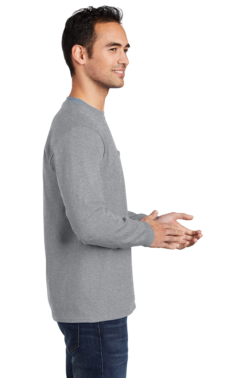 Port & Company PC61LSP/PC61LSPT Mens Essential Long Sleeve Crewneck T-Shirt w/ Pocket Heather Grey Model Side