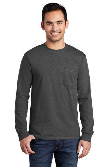 Port & Company PC61LSP/PC61LSPT Mens Essential Long Sleeve Crewneck T-Shirt w/ Pocket Charcoal Grey Model Front