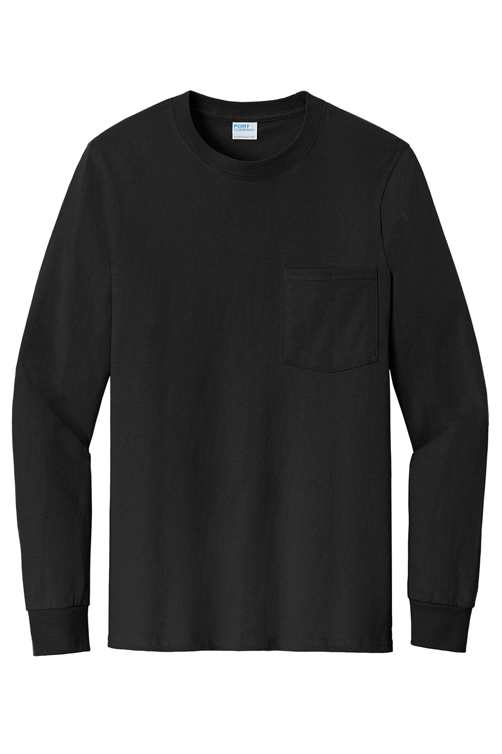 Port & Company PC61LSP/PC61LSPT Mens Essential Long Sleeve Crewneck T-Shirt w/ Pocket Jet Black Flat Front