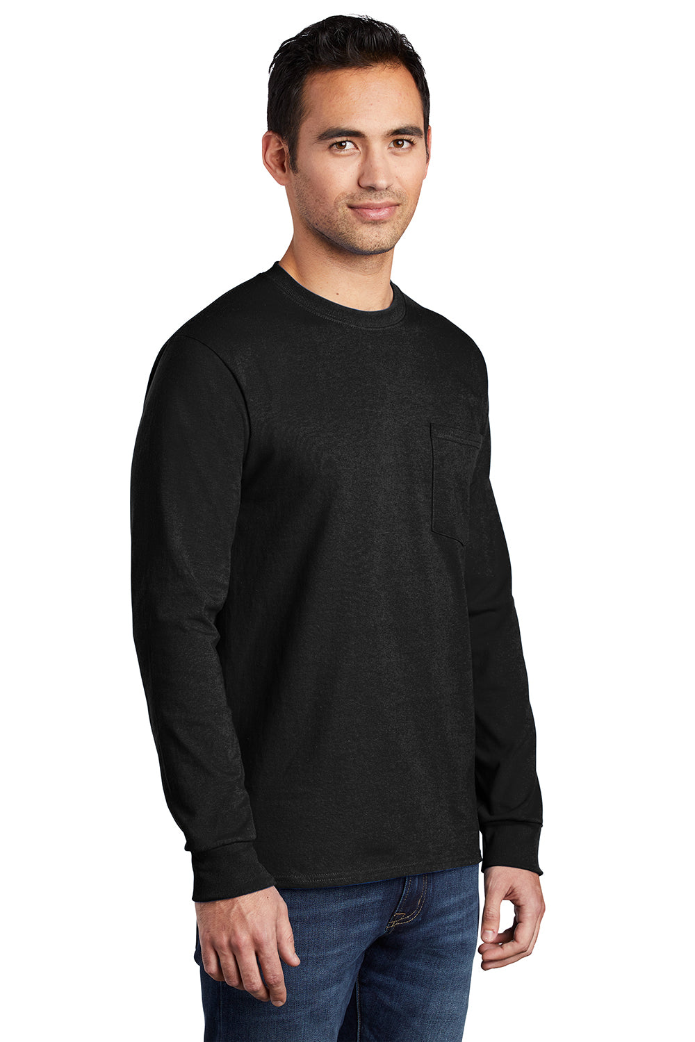 Port & Company PC61LSP/PC61LSPT Mens Essential Long Sleeve Crewneck T-Shirt w/ Pocket Jet Black Model 3q