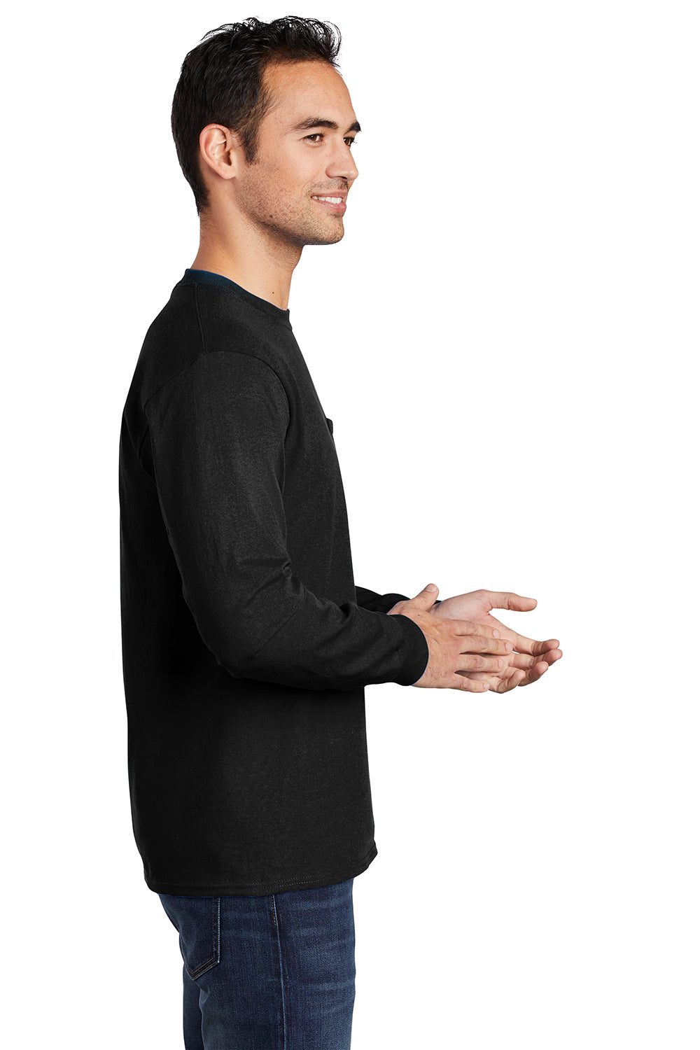 Port & Company PC61LSP/PC61LSPT Mens Essential Long Sleeve Crewneck T-Shirt w/ Pocket Jet Black Model Side