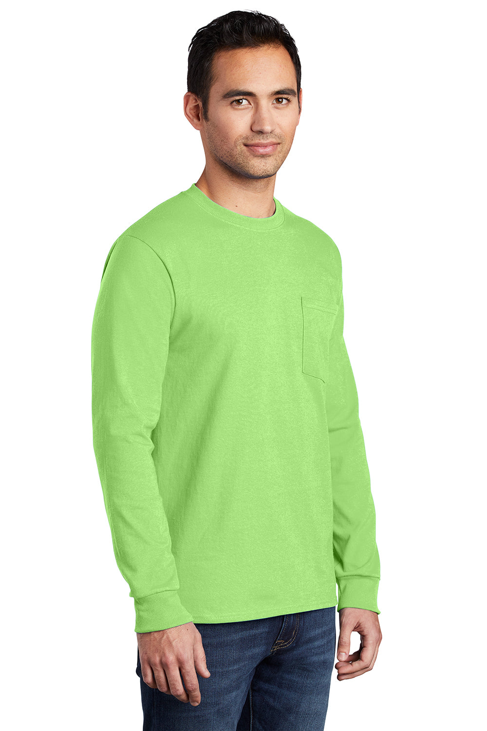 Port & Company PC61LSP/PC61LSPT Mens Essential Long Sleeve Crewneck T-Shirt w/ Pocket Lime Green Model 3q