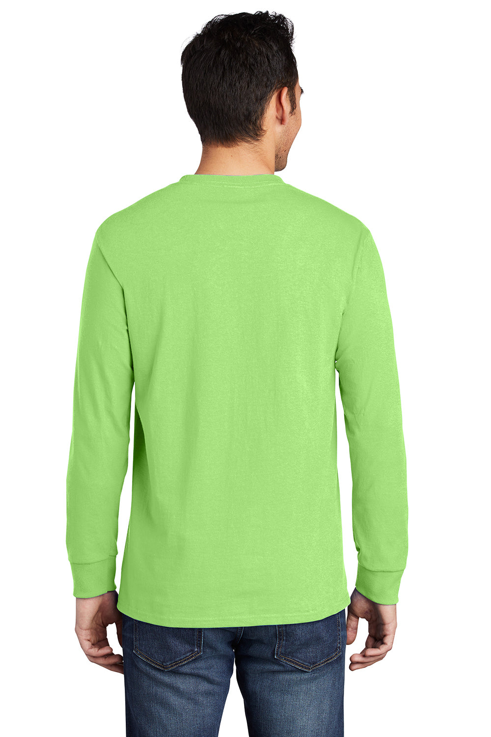 Port & Company PC61LSP/PC61LSPT Mens Essential Long Sleeve Crewneck T-Shirt w/ Pocket Lime Green Model Back