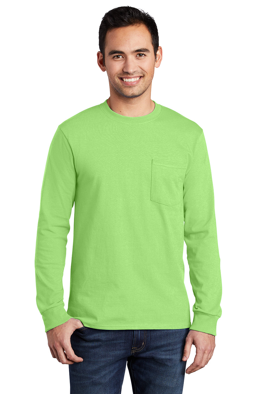 Port & Company PC61LSP/PC61LSPT Mens Essential Long Sleeve Crewneck T-Shirt w/ Pocket Lime Green Model Front