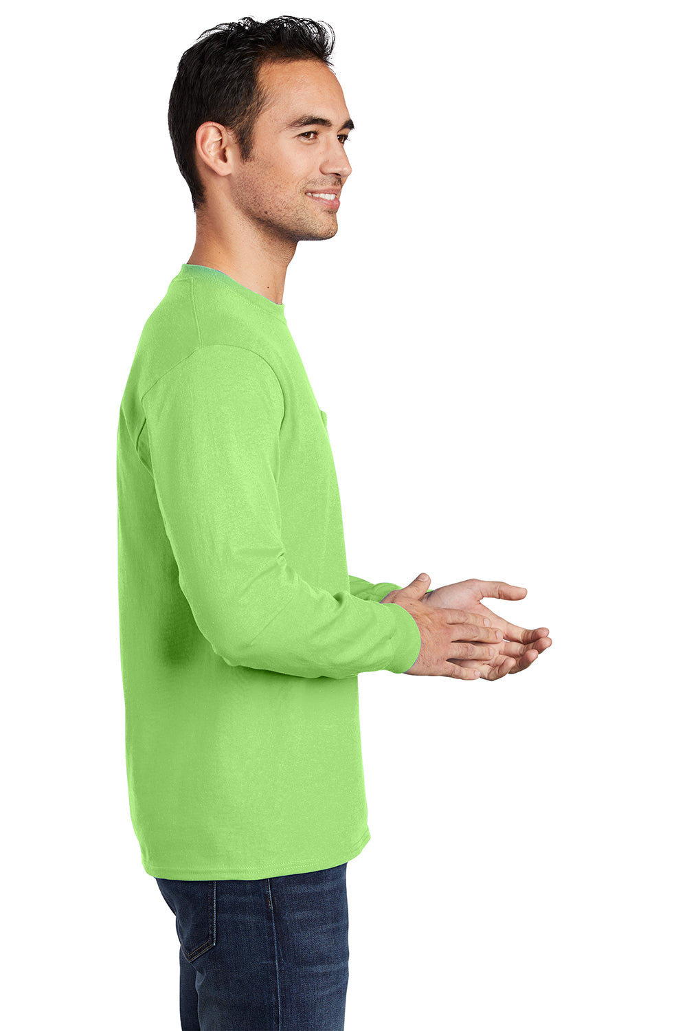 Port & Company PC61LSP/PC61LSPT Mens Essential Long Sleeve Crewneck T-Shirt w/ Pocket Lime Green Model Side