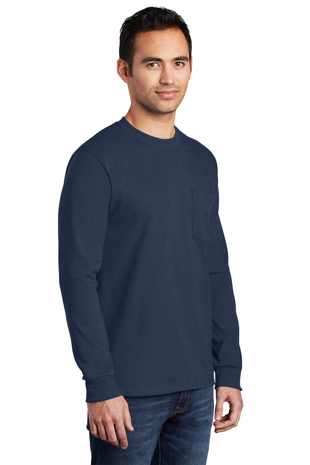 Port & Company PC61LSP/PC61LSPT Mens Essential Long Sleeve Crewneck T-Shirt w/ Pocket Navy Blue Model 3q