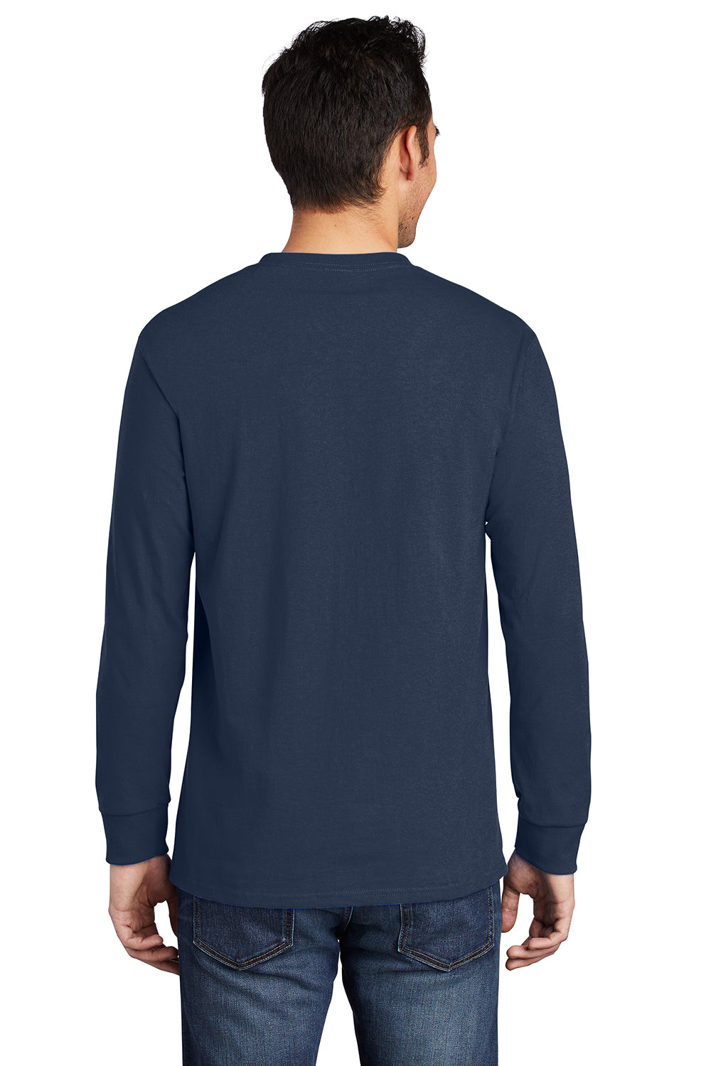 Port & Company PC61LSP/PC61LSPT Mens Essential Long Sleeve Crewneck T-Shirt w/ Pocket Navy Blue Model Back