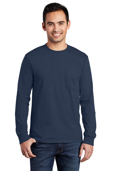 Port & Company PC61LSP/PC61LSPT Mens Essential Long Sleeve Crewneck T-Shirt w/ Pocket Navy Blue Model Front