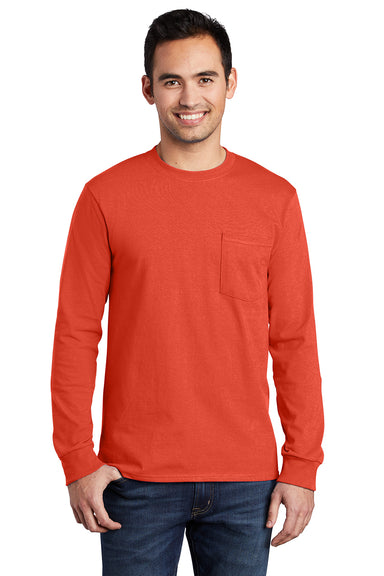 Port & Company PC61LSP/PC61LSPT Mens Essential Long Sleeve Crewneck T-Shirt w/ Pocket Orange Model Front