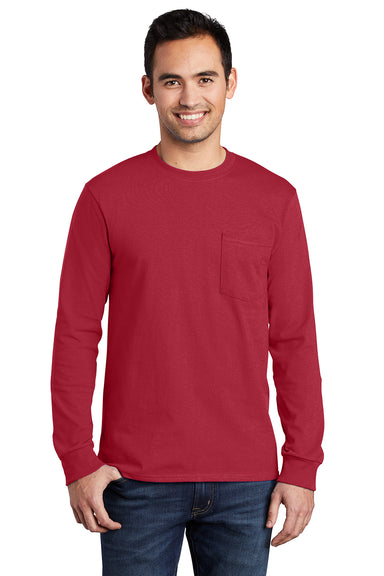 Port & Company PC61LSP/PC61LSPT Mens Essential Long Sleeve Crewneck T-Shirt w/ Pocket Red Model Front