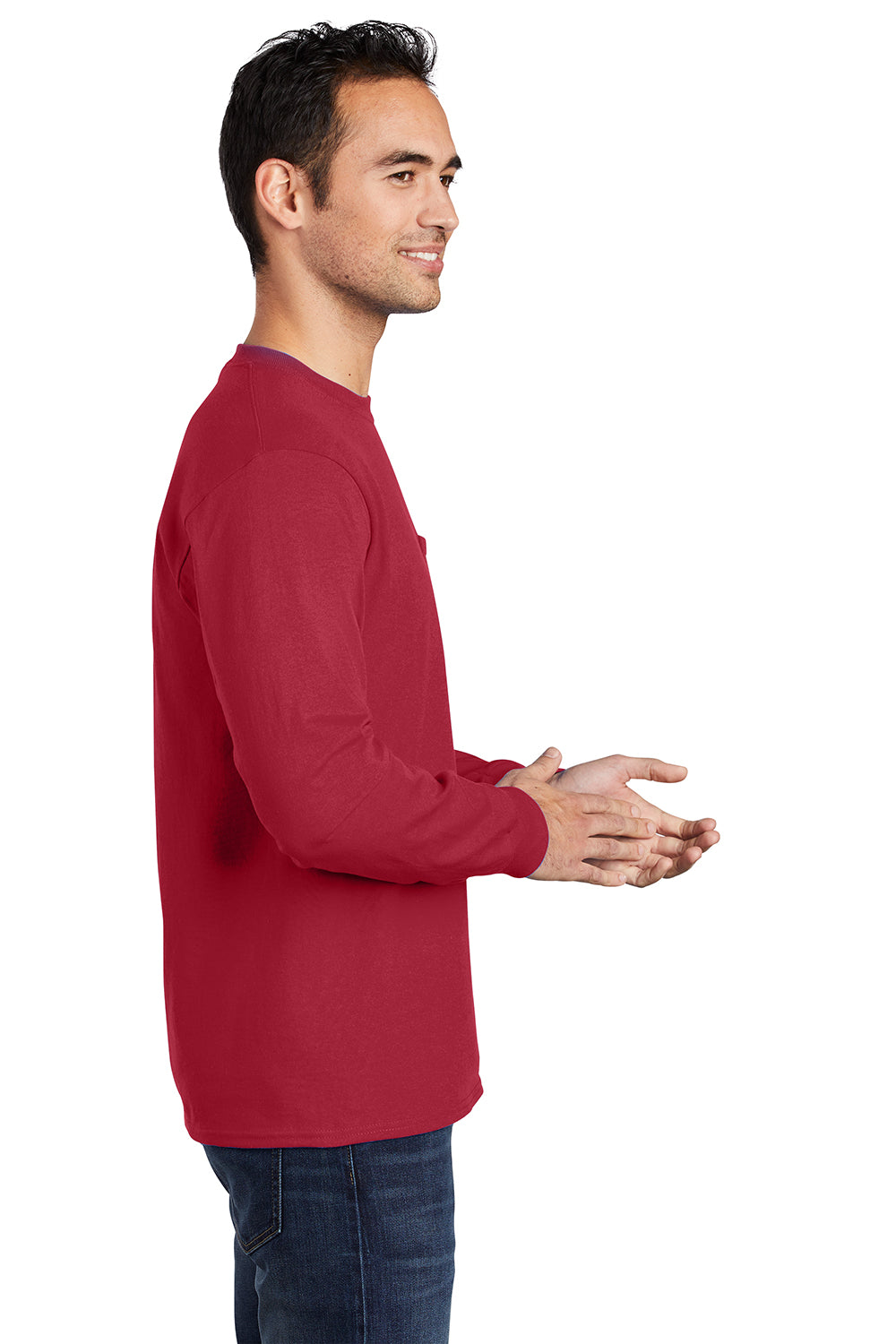 Port & Company PC61LSP/PC61LSPT Mens Essential Long Sleeve Crewneck T-Shirt w/ Pocket Red Model Side