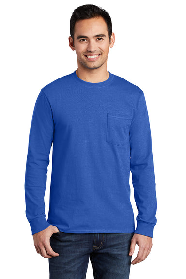 Port & Company PC61LSP/PC61LSPT Mens Essential Long Sleeve Crewneck T-Shirt w/ Pocket Royal Blue Model Front