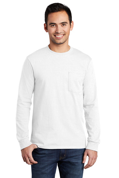 Port & Company PC61LSP/PC61LSPT Mens Essential Long Sleeve Crewneck T-Shirt w/ Pocket White Model Front