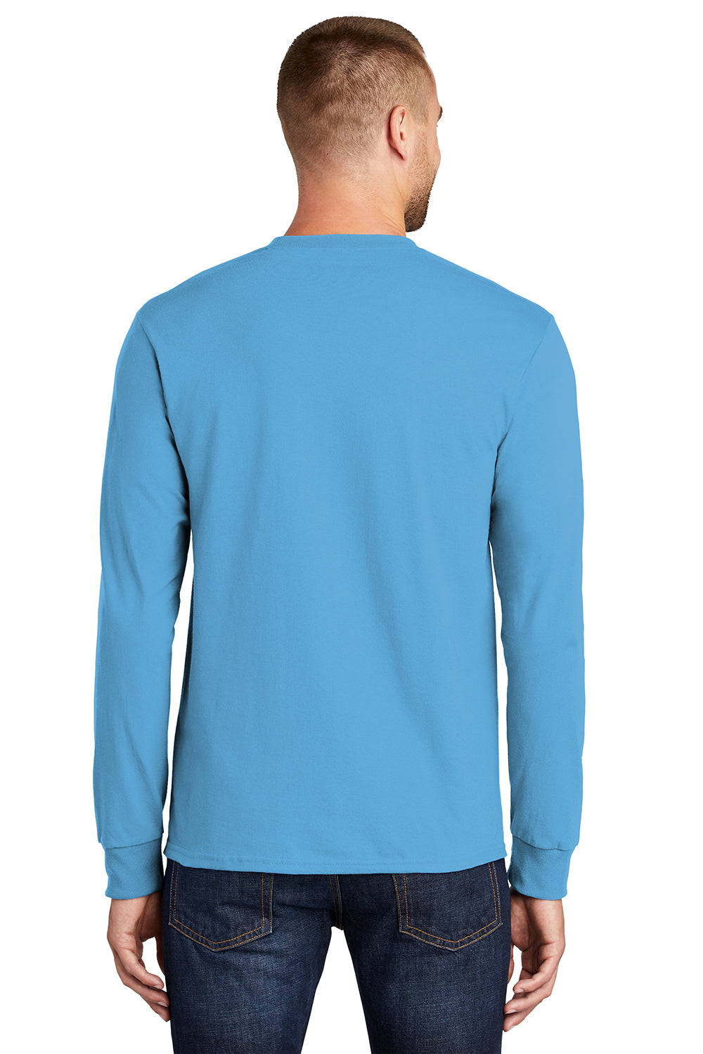 Port & Company PC61LS/PC61LST Mens Essential Long Sleeve Crewneck T-Shirt Aquatic Blue Model Back