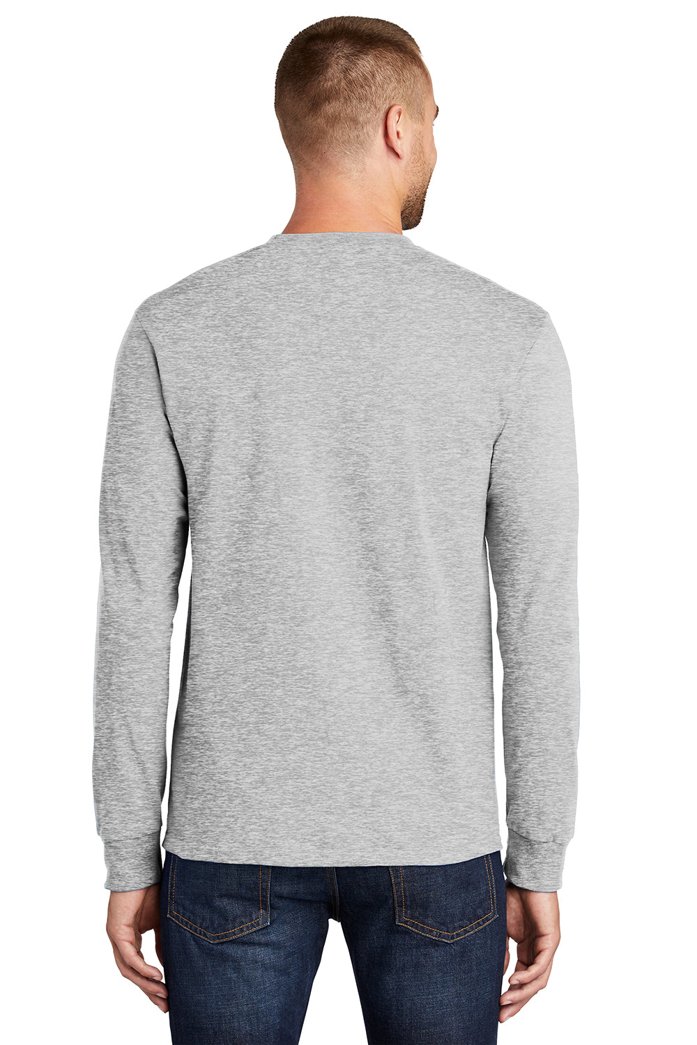 Port & Company PC61LS/PC61LST Mens Essential Long Sleeve Crewneck T-Shirt Ash Grey Model Back