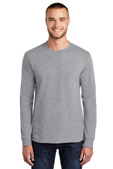 Port & Company PC61LS/PC61LST Mens Essential Long Sleeve Crewneck T-Shirt Heather Grey Model Front