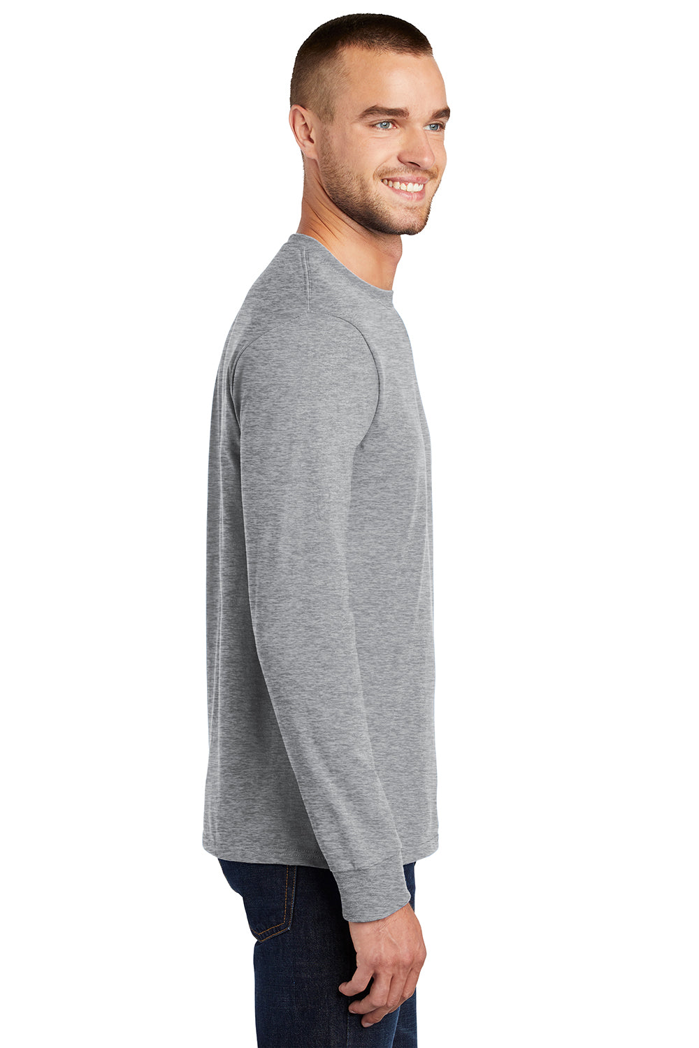 Port & Company PC61LS/PC61LST Mens Essential Long Sleeve Crewneck T-Shirt Heather Grey Model Side