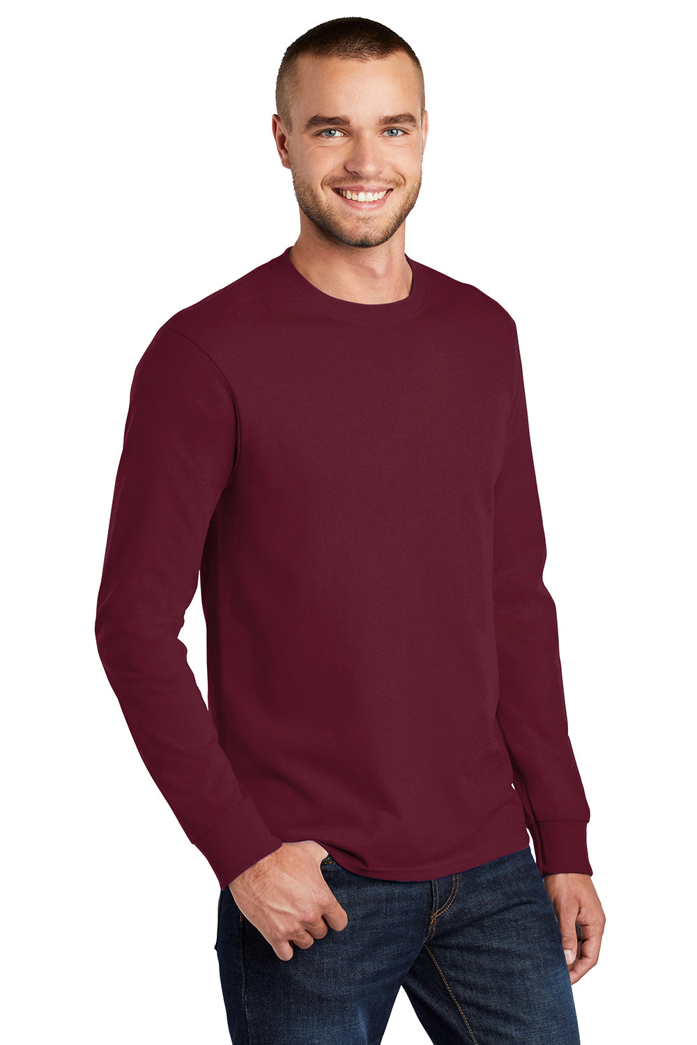 Port & Company PC61LS/PC61LST Mens Essential Long Sleeve Crewneck T-Shirt Cardinal Red Model 3q