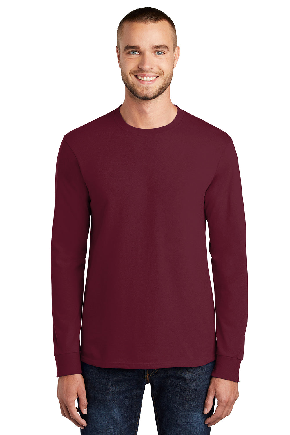 Port & Company PC61LS/PC61LST Mens Essential Long Sleeve Crewneck T-Shirt Cardinal Red Model Front