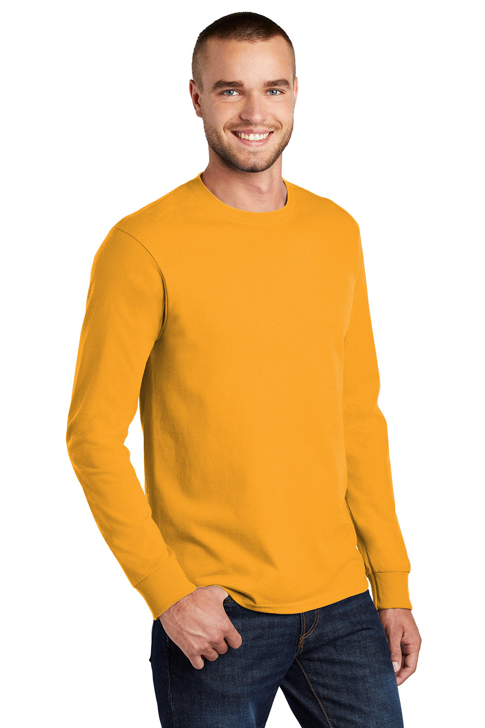 Port & Company PC61LS/PC61LST Mens Essential Long Sleeve Crewneck T-Shirt Gold Model 3q